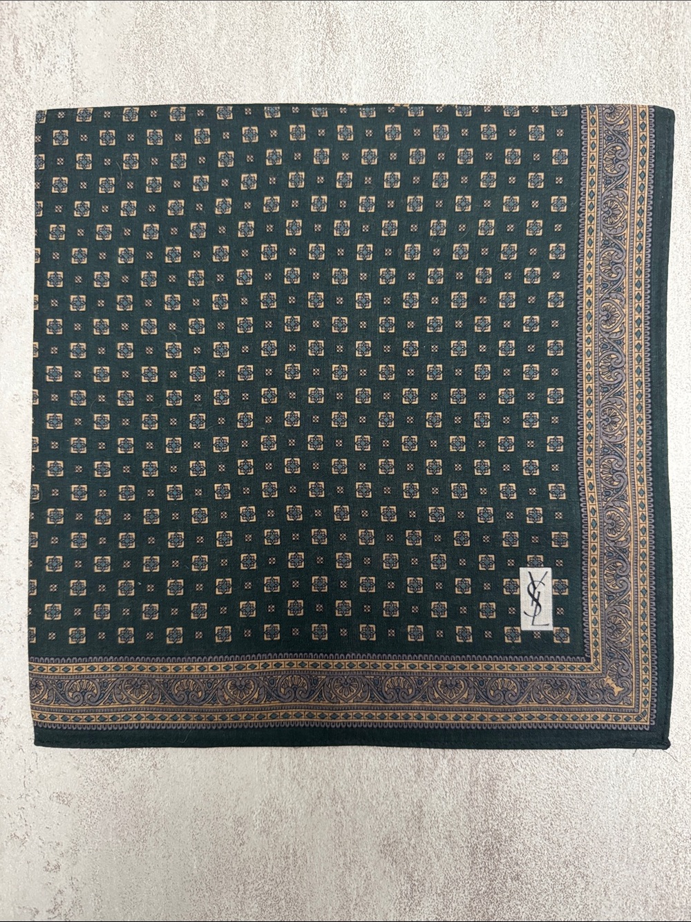Yves Saint Laurent Dark Green and Gold Paisley Border Pocket Square